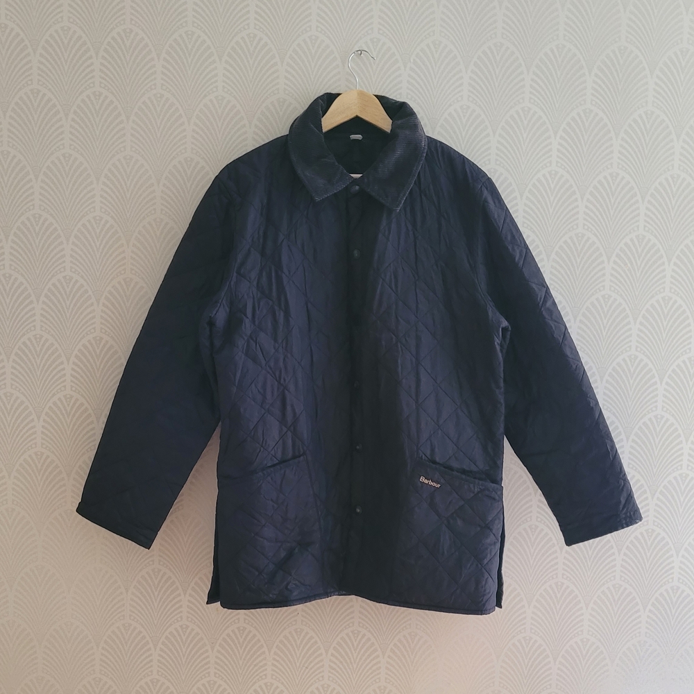 Barbour Quilted Navy Jacket with Corduroy Collar L
